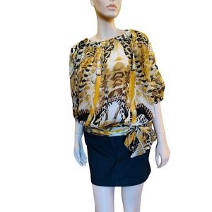 Forla Paris Dolman Sleeves Blouse Animal Print Loose Top Tassel Sz S